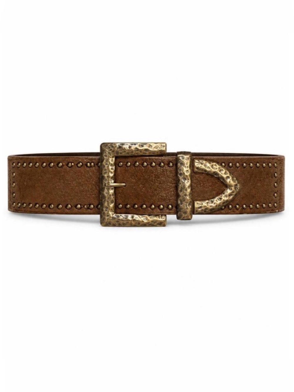Brown Studded Faux Leather Belt with Hammered Brass Tone Buckle